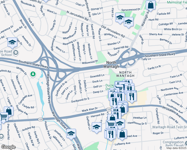 map of restaurants, bars, coffee shops, grocery stores, and more near 27 Downhill Lane in Wantagh