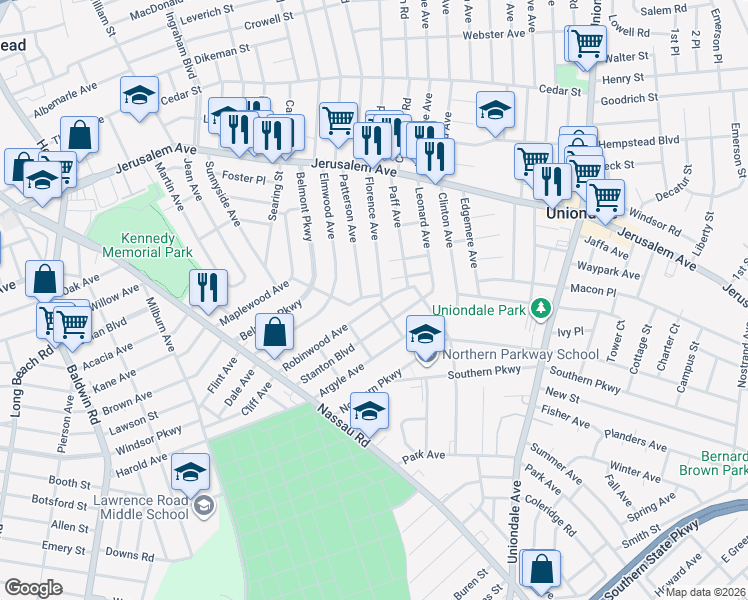 map of restaurants, bars, coffee shops, grocery stores, and more near 99 Oakmont Avenue in Hempstead