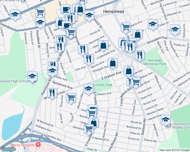 map of restaurants, bars, coffee shops, grocery stores, and more near 19 Hudson Place in Hempstead