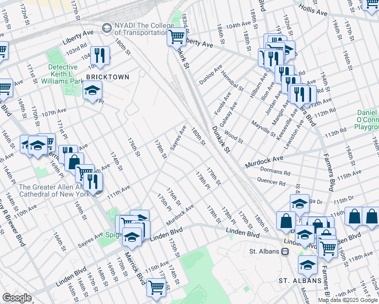 map of restaurants, bars, coffee shops, grocery stores, and more near 111-48 179th Place in Queens