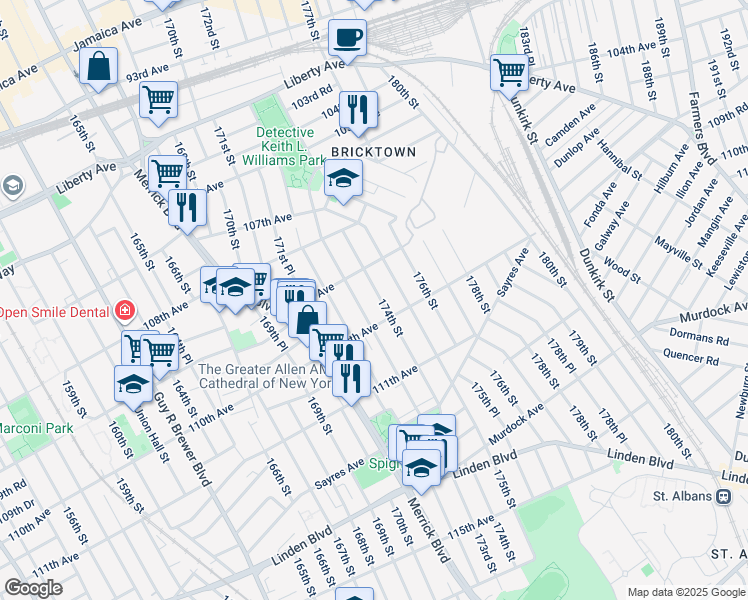 map of restaurants, bars, coffee shops, grocery stores, and more near 109-40 174th Street in Queens