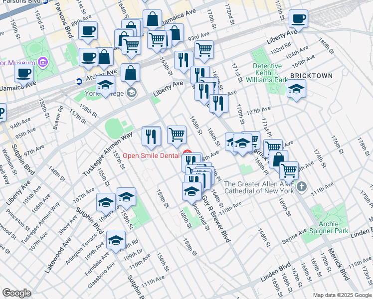 map of restaurants, bars, coffee shops, grocery stores, and more near 107-19 164th Street in Queens