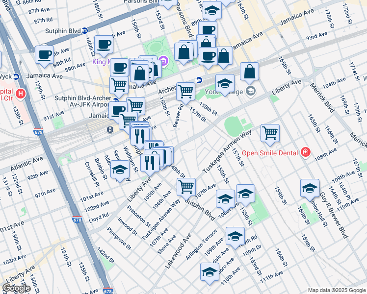 map of restaurants, bars, coffee shops, grocery stores, and more near 150-28 Liberty Avenue in Queens