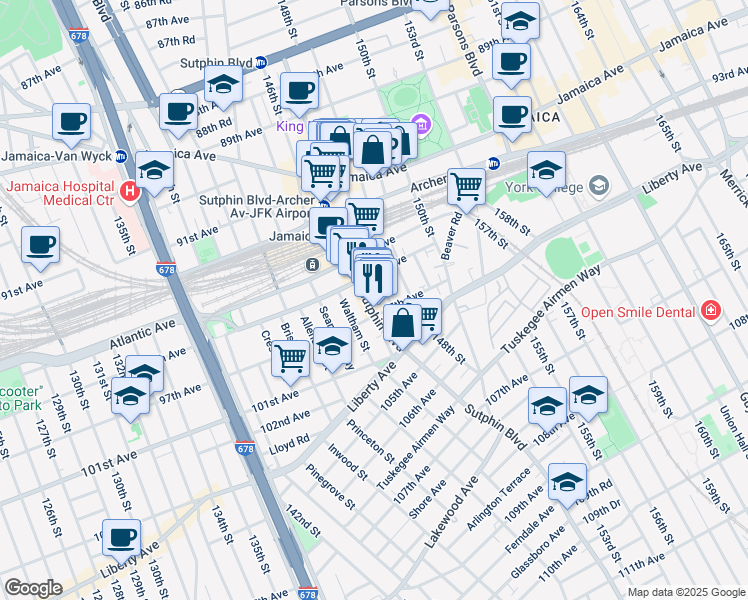 map of restaurants, bars, coffee shops, grocery stores, and more near 95-17 Sutphin Boulevard in Queens