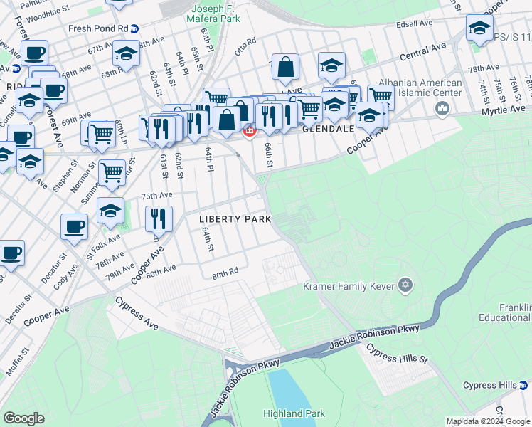 map of restaurants, bars, coffee shops, grocery stores, and more near 15 78th Avenue in Queens