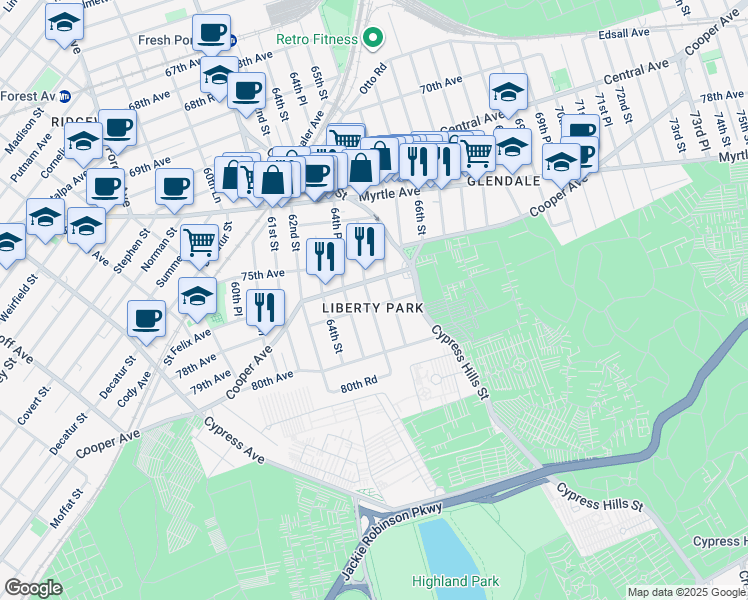 map of restaurants, bars, coffee shops, grocery stores, and more near in Queens