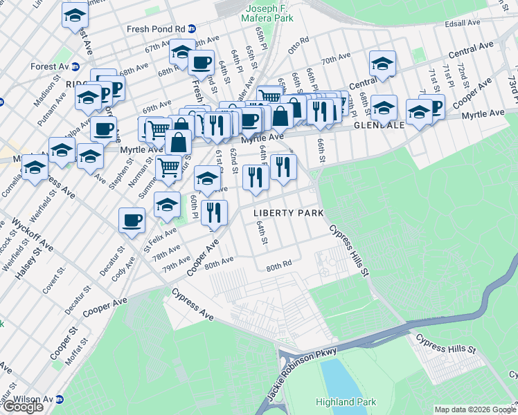 map of restaurants, bars, coffee shops, grocery stores, and more near 64-16 Cooper Avenue in Queens