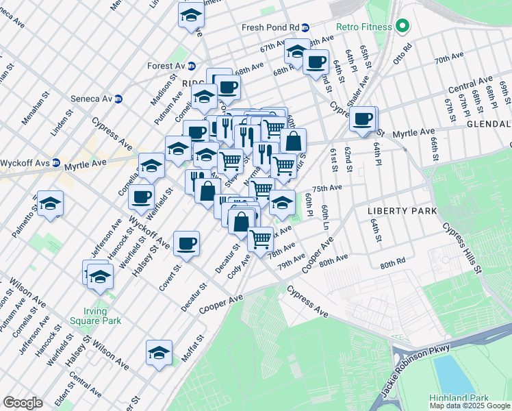 map of restaurants, bars, coffee shops, grocery stores, and more near 1804 Summerfield Street in Queens
