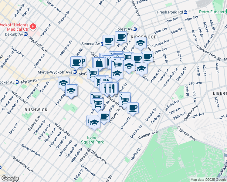map of restaurants, bars, coffee shops, grocery stores, and more near 16-25 Hancock Street in Queens