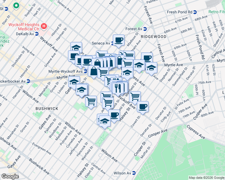 map of restaurants, bars, coffee shops, grocery stores, and more near in Queens