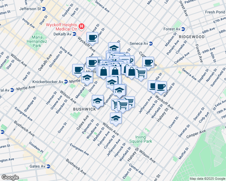 map of restaurants, bars, coffee shops, grocery stores, and more near 351 Irving Avenue in Brooklyn