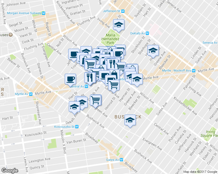 map of restaurants, bars, coffee shops, grocery stores, and more near 1296 Myrtle Avenue in Brooklyn