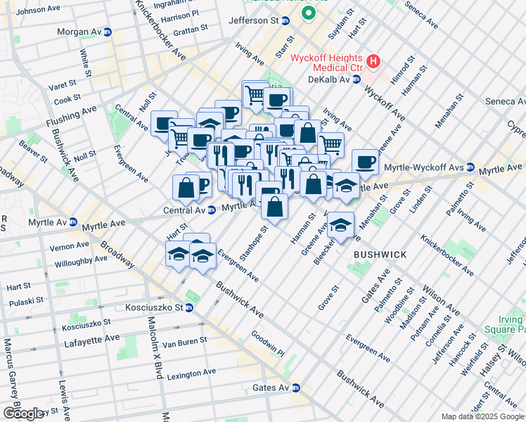 map of restaurants, bars, coffee shops, grocery stores, and more near 1296 Myrtle Avenue in Brooklyn