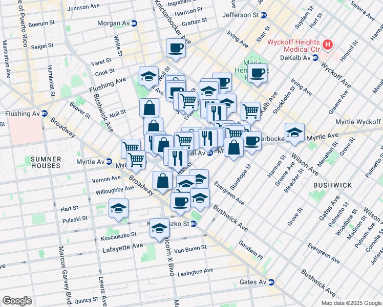 map of restaurants, bars, coffee shops, grocery stores, and more near 100 Suydam Street in Brooklyn