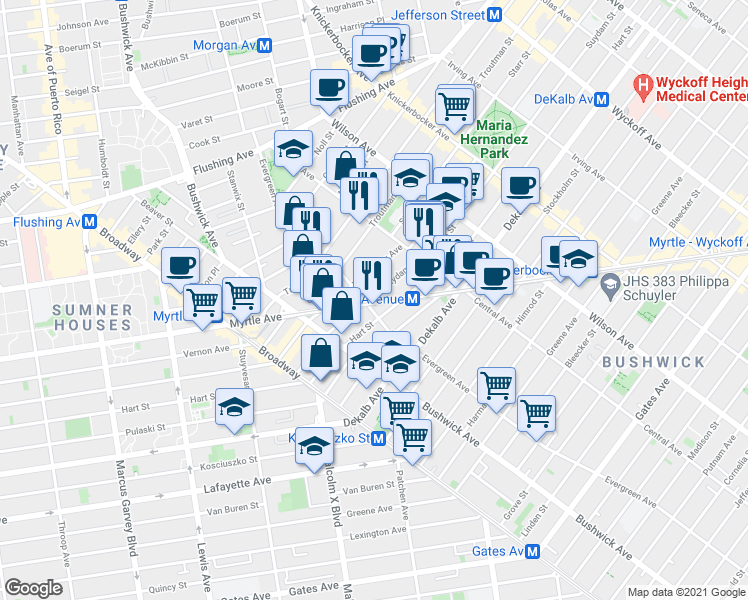 map of restaurants, bars, coffee shops, grocery stores, and more near 100 Suydam Street in Brooklyn