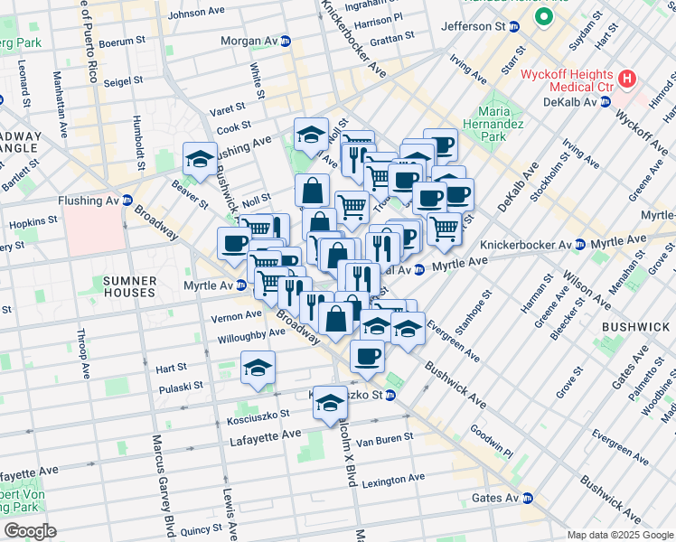 map of restaurants, bars, coffee shops, grocery stores, and more near 963 Willoughby Avenue in Brooklyn