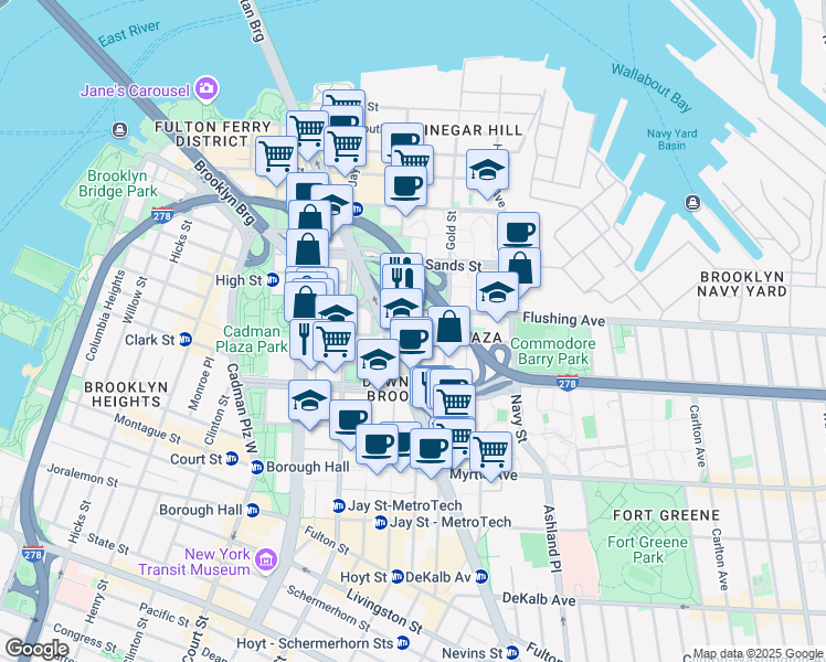 map of restaurants, bars, coffee shops, grocery stores, and more near 189 Bridge Street in Brooklyn