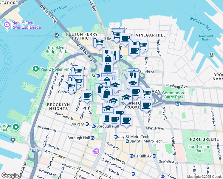 map of restaurants, bars, coffee shops, grocery stores, and more near 212 Jay Street in Brooklyn