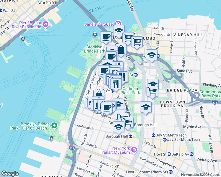 map of restaurants, bars, coffee shops, grocery stores, and more near 80 Clark Street in Brooklyn
