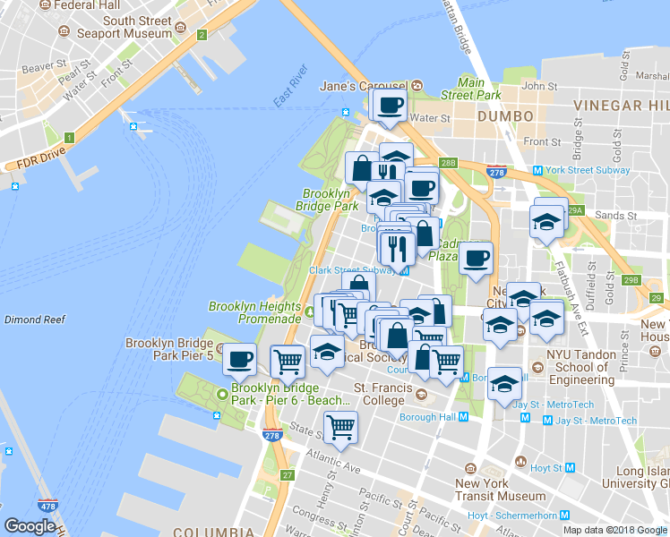 map of restaurants, bars, coffee shops, grocery stores, and more near 147 Columbia Heights in Brooklyn