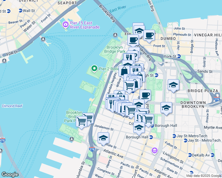 map of restaurants, bars, coffee shops, grocery stores, and more near 147 Columbia Heights in Brooklyn