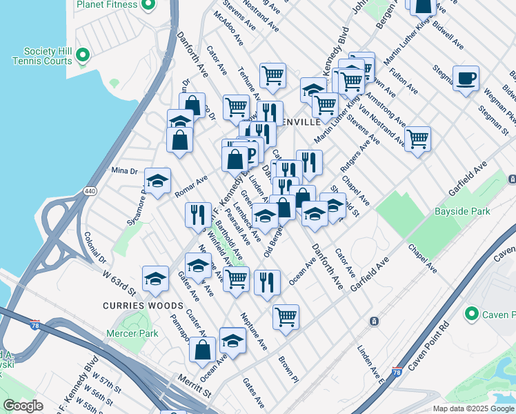 map of restaurants, bars, coffee shops, grocery stores, and more near 199 Linden Avenue in Jersey City