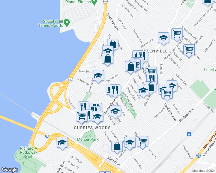 map of restaurants, bars, coffee shops, grocery stores, and more near 16 Romar Avenue in Jersey City