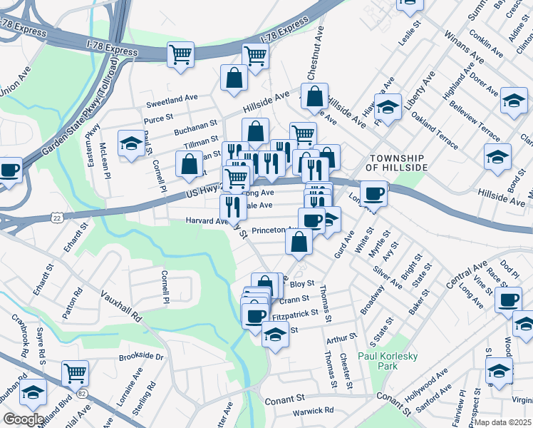 map of restaurants, bars, coffee shops, grocery stores, and more near 396 Yale Avenue in Hillside