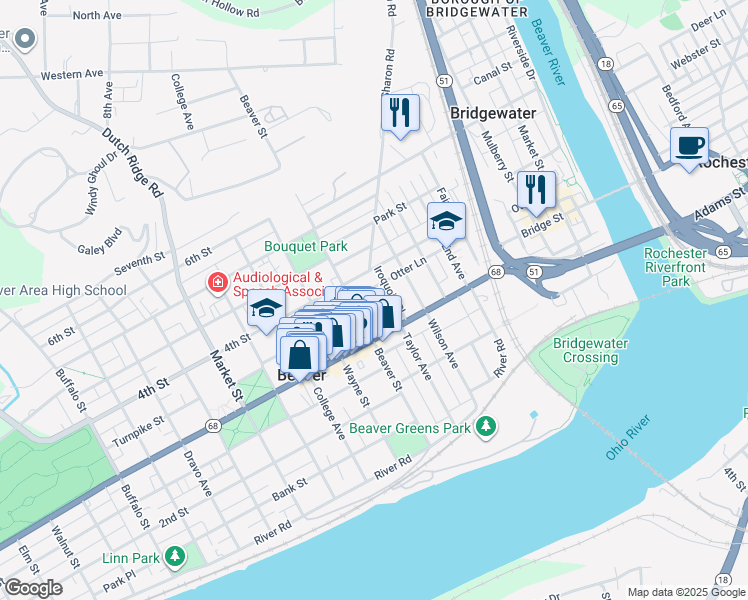map of restaurants, bars, coffee shops, grocery stores, and more near 349 Iroquois Place in Beaver