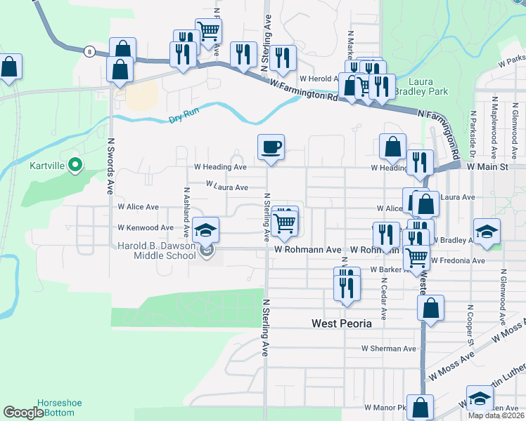 map of restaurants, bars, coffee shops, grocery stores, and more near 2507 West Ardmore Place in West Peoria