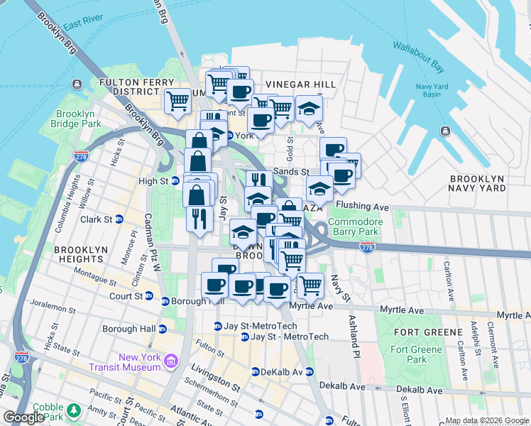 map of restaurants, bars, coffee shops, grocery stores, and more near 171 Concord Street in Brooklyn