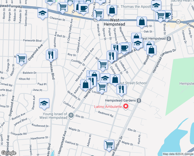 map of restaurants, bars, coffee shops, grocery stores, and more near 303 Coolidge Street in West Hempstead