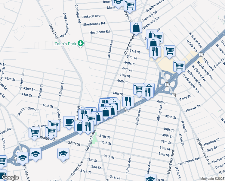map of restaurants, bars, coffee shops, grocery stores, and more near 330 44th Street in Lindenhurst