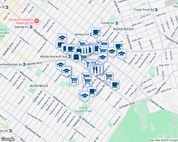 map of restaurants, bars, coffee shops, grocery stores, and more near Wyckoff Ave & Cornelia St in Queens