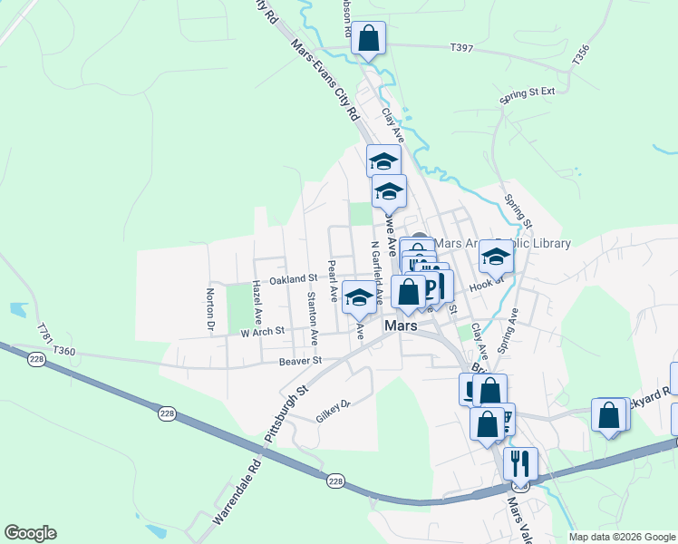 map of restaurants, bars, coffee shops, grocery stores, and more near 202 Oakland Street in Mars