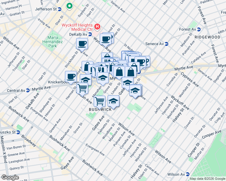 map of restaurants, bars, coffee shops, grocery stores, and more near 261 Linden Street in Brooklyn