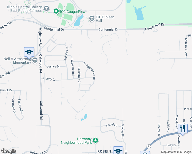 map of restaurants, bars, coffee shops, grocery stores, and more near 317 Independence Drive in East Peoria