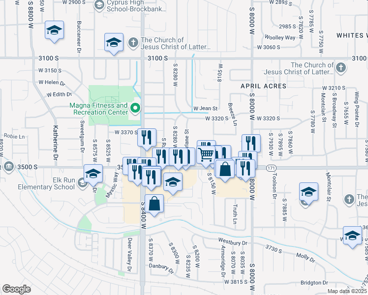 map of restaurants, bars, coffee shops, grocery stores, and more near 3428 South Oquirlane Street in Magna