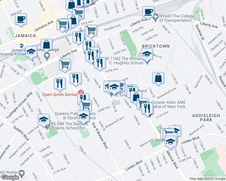 map of restaurants, bars, coffee shops, grocery stores, and more near 108-20 Merrick Boulevard in Queens