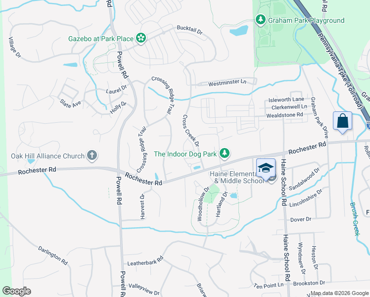 map of restaurants, bars, coffee shops, grocery stores, and more near 301 Courage Lane in Cranberry Township