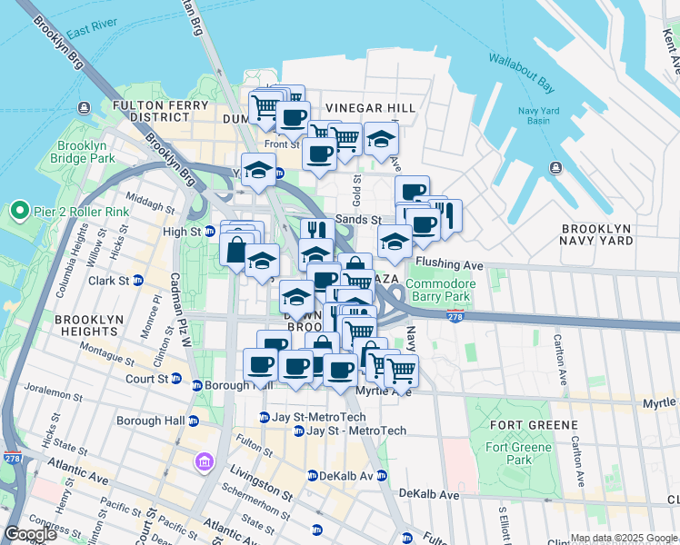 map of restaurants, bars, coffee shops, grocery stores, and more near 212 Gold Street in Brooklyn