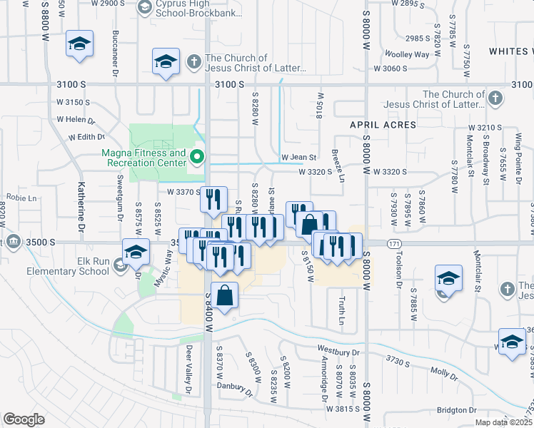 map of restaurants, bars, coffee shops, grocery stores, and more near 3428 South Oquirlane Street in Magna