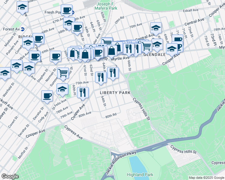 map of restaurants, bars, coffee shops, grocery stores, and more near in Queens