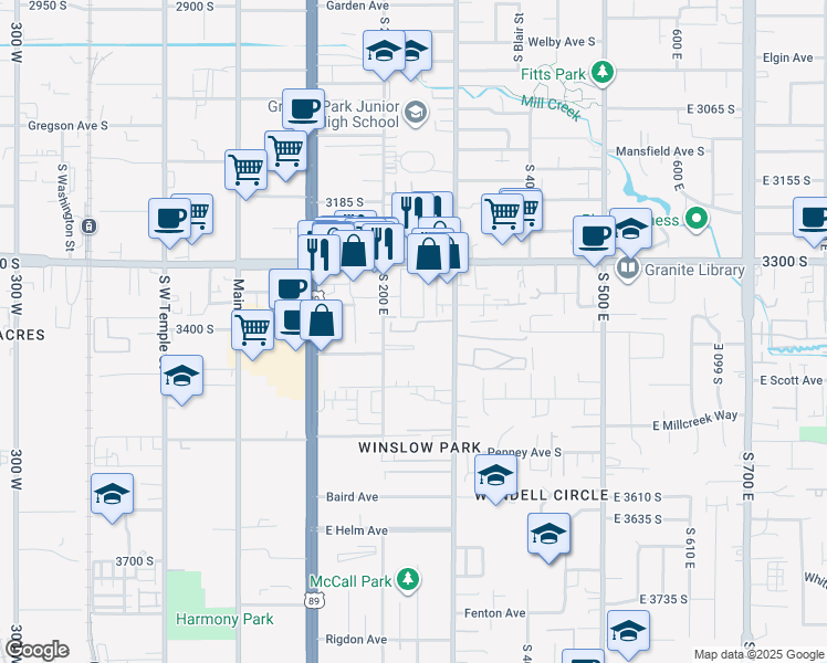 map of restaurants, bars, coffee shops, grocery stores, and more near 278 East New Century Lane in South Salt Lake