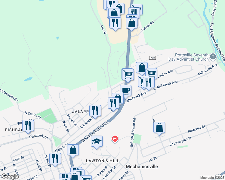 map of restaurants, bars, coffee shops, grocery stores, and more near 2 Mamies Avenue in Pottsville