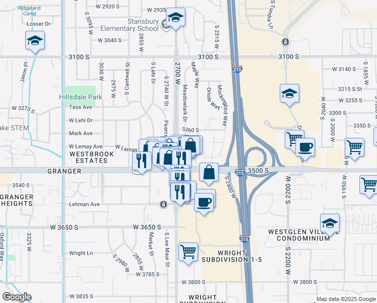 map of restaurants, bars, coffee shops, grocery stores, and more near 3427 Meadow Lark Drive in West Valley City