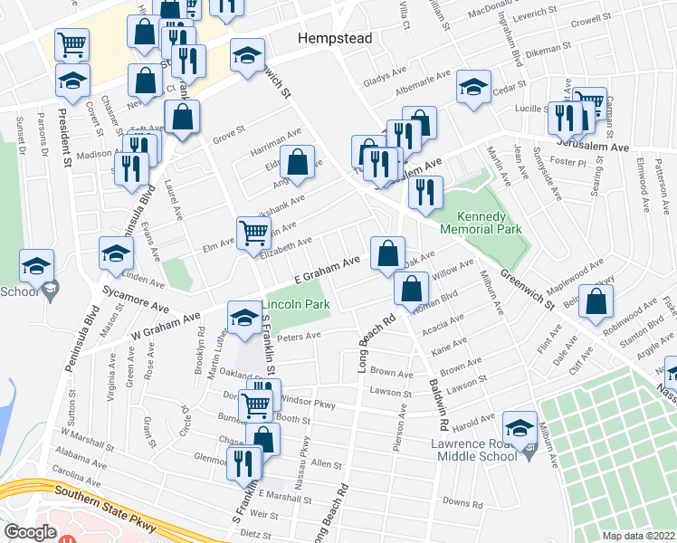 map of restaurants, bars, coffee shops, grocery stores, and more near 100 East Graham Avenue in Hempstead