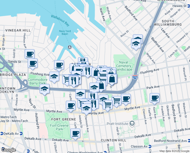 map of restaurants, bars, coffee shops, grocery stores, and more near 151 Flushing Avenue in Brooklyn