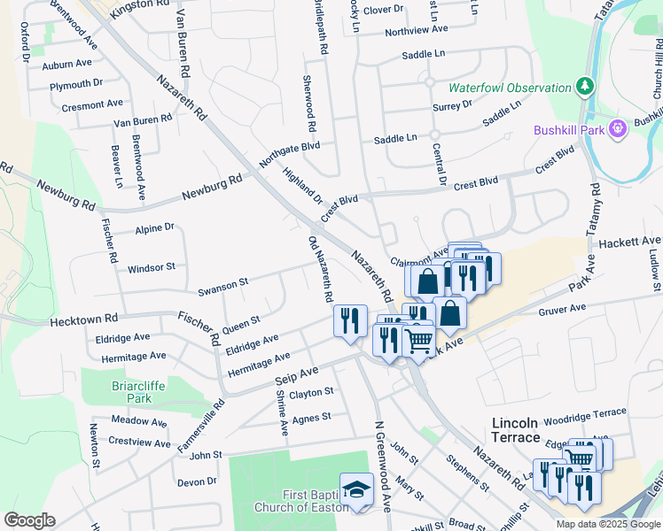 map of restaurants, bars, coffee shops, grocery stores, and more near 2528 Swanson Street in Easton