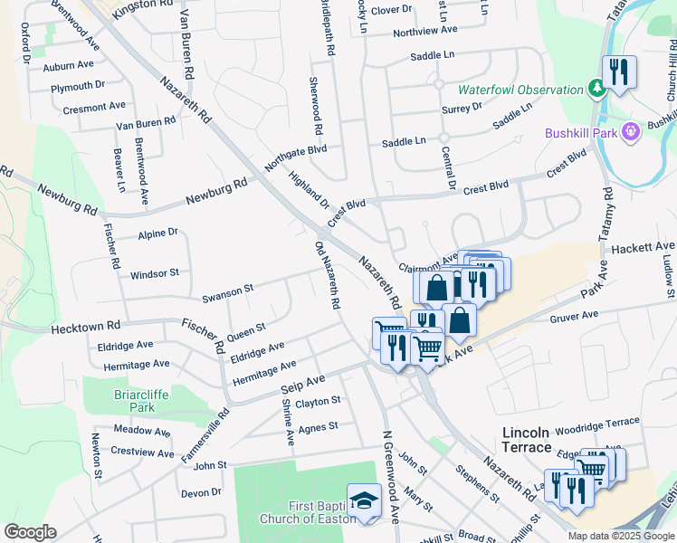 map of restaurants, bars, coffee shops, grocery stores, and more near 2528 Swanson Street in Easton
